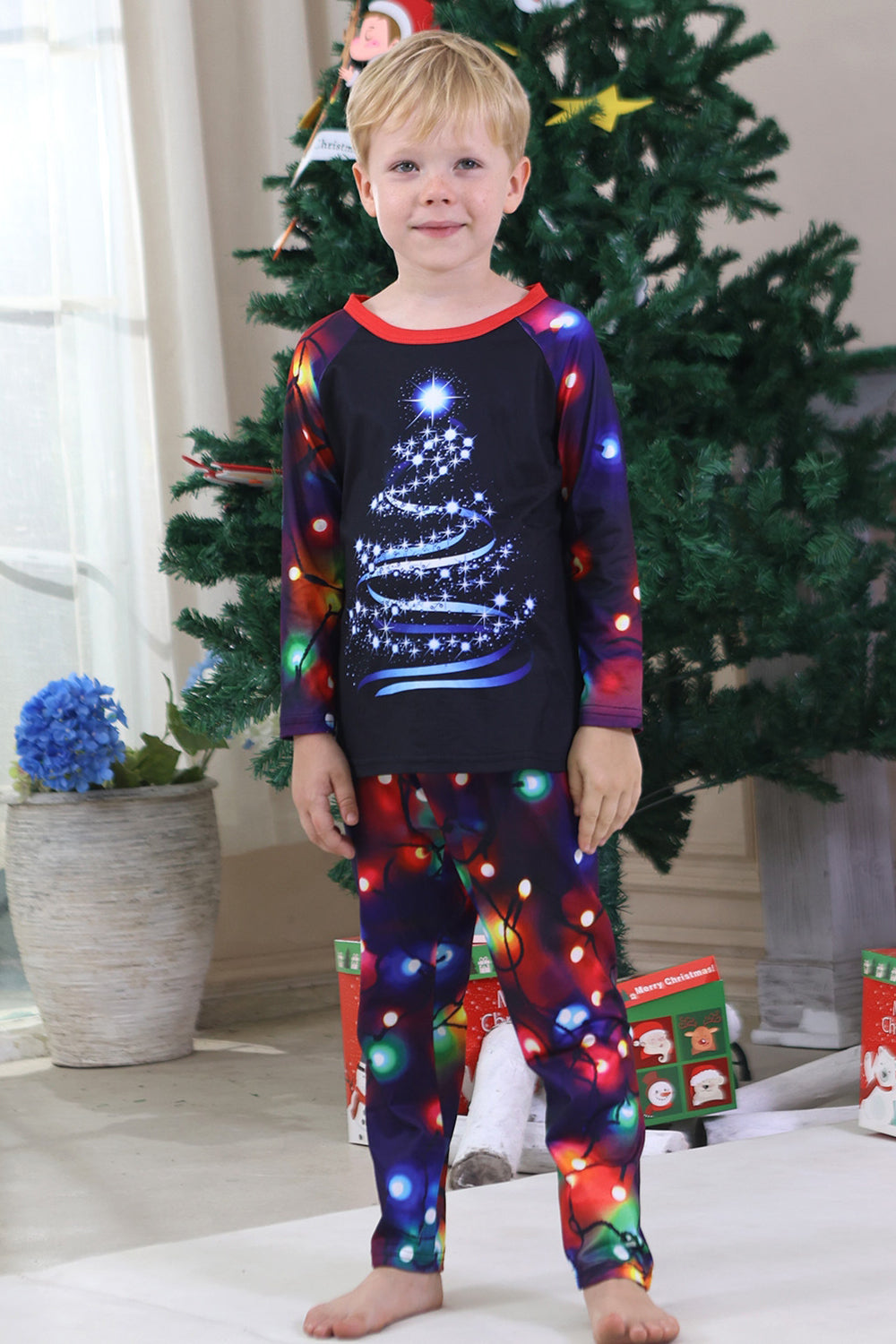 Navy Lights Tree Printed Christmas Family Matching Pajamas