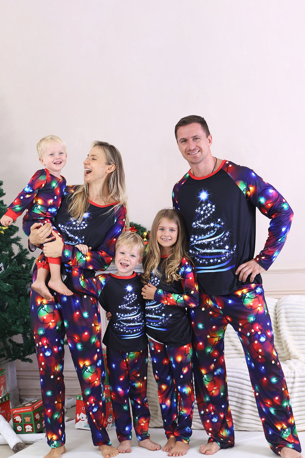 Navy Lights Tree Printed Christmas Family Matching Pajamas