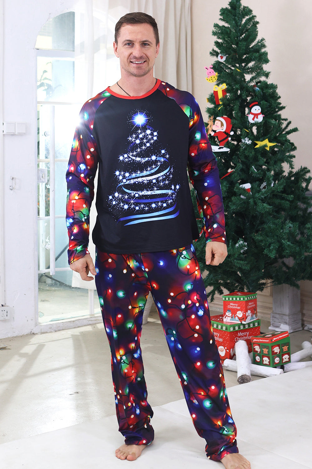 Navy Lights Tree Printed Christmas Family Matching Pajamas