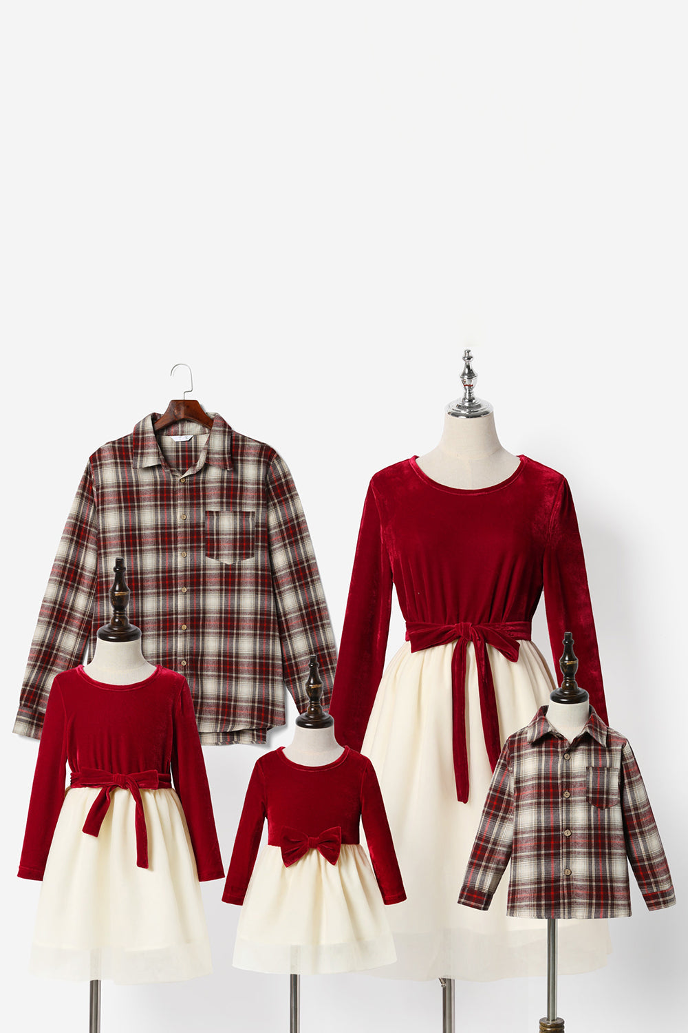 Red Plaid Velvet Long Sleeves Holiday Family Matching Pajamas