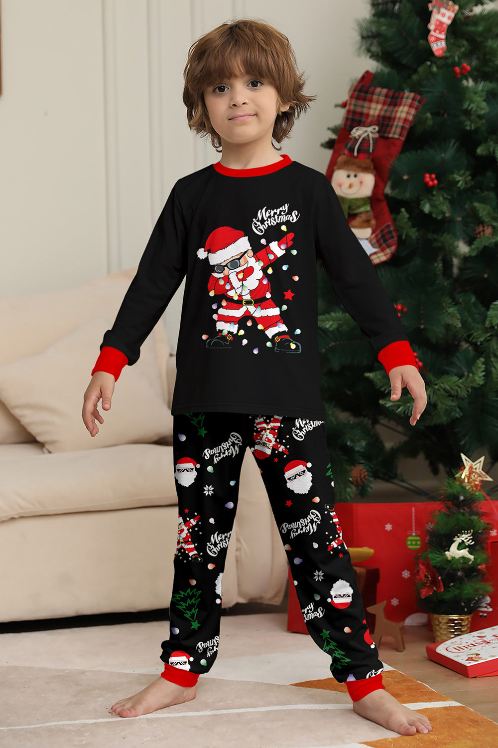 Black Merry Christmas Santa Printed Family Matching Pajamas