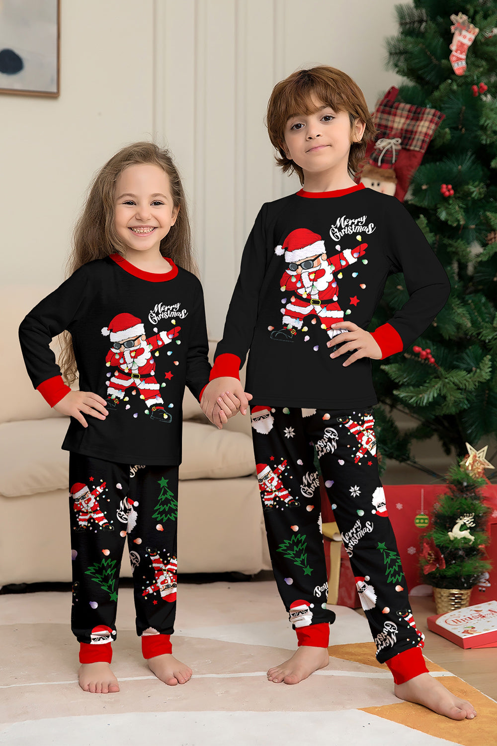 Black Merry Christmas Santa Printed Family Matching Pajamas