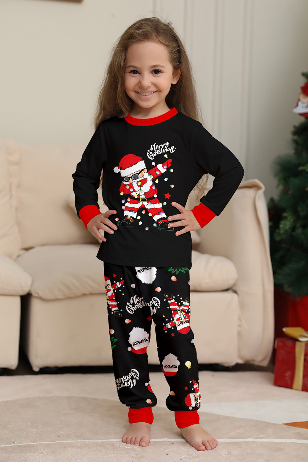 Black Merry Christmas Santa Printed Family Matching Pajamas