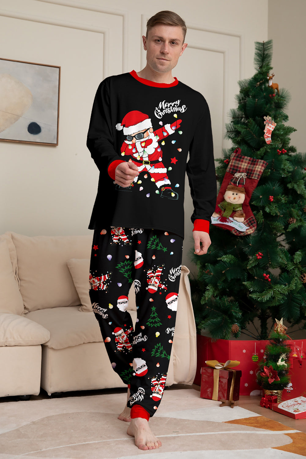 Black Merry Christmas Santa Printed Family Matching Pajamas