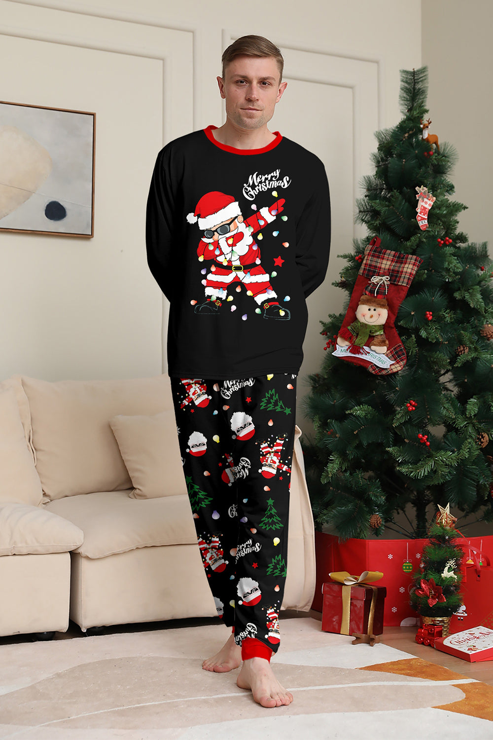Black Merry Christmas Santa Printed Family Matching Pajamas