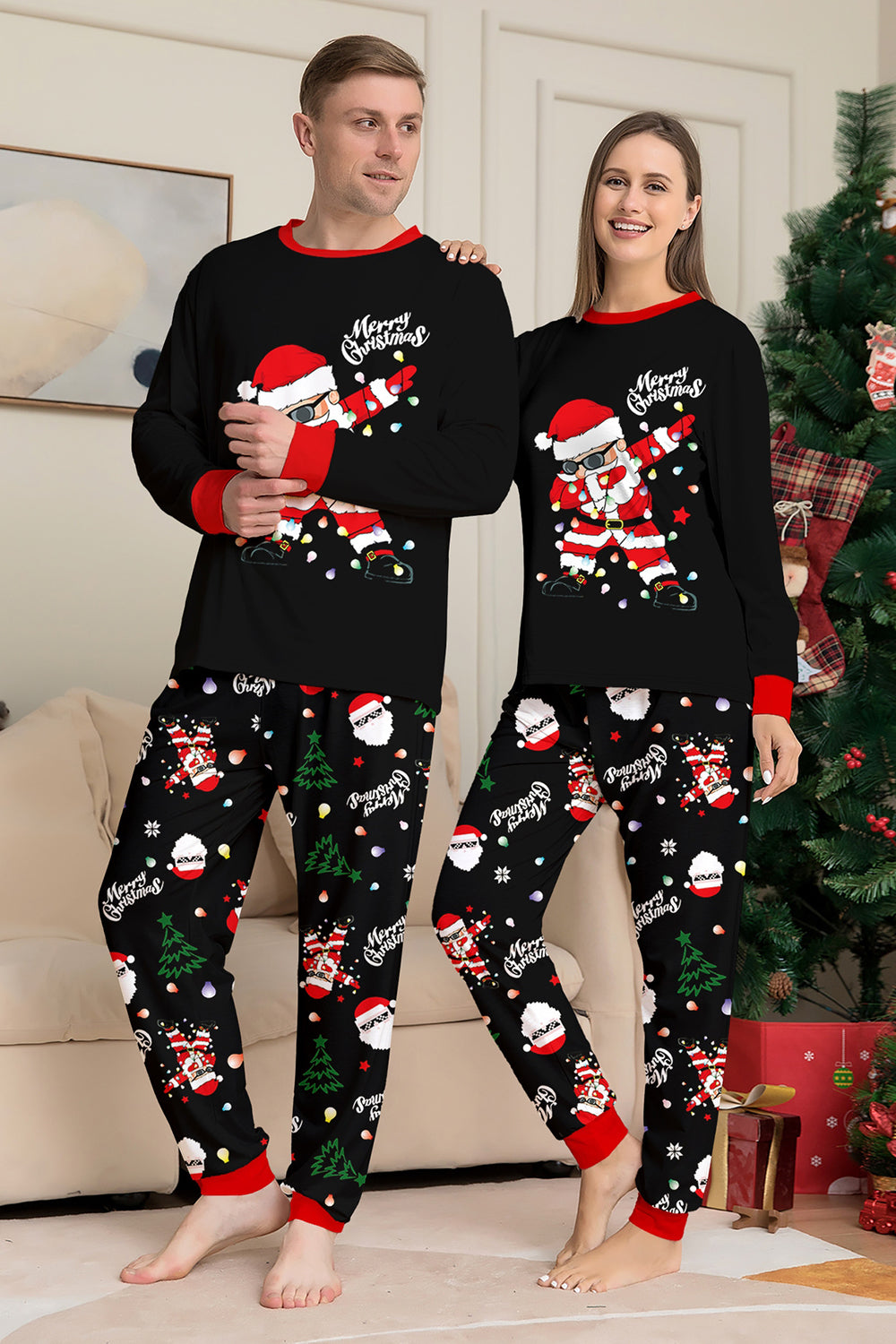 Black Merry Christmas Santa Printed Family Matching Pajamas