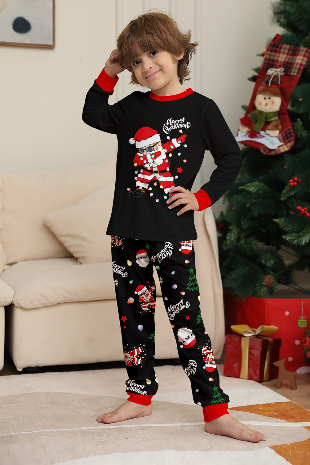 Black Merry Christmas Santa Printed Family Matching Pajamas