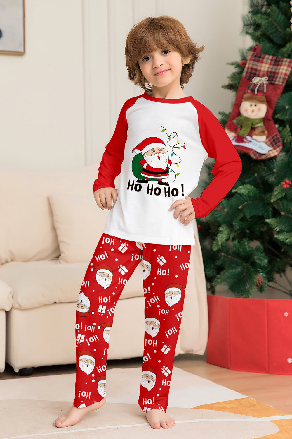 Red Santa Printed Round Neck Christmas Family Matching Pajamas