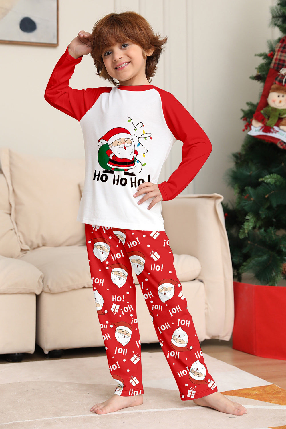 Red Santa Printed Round Neck Christmas Family Matching Pajamas