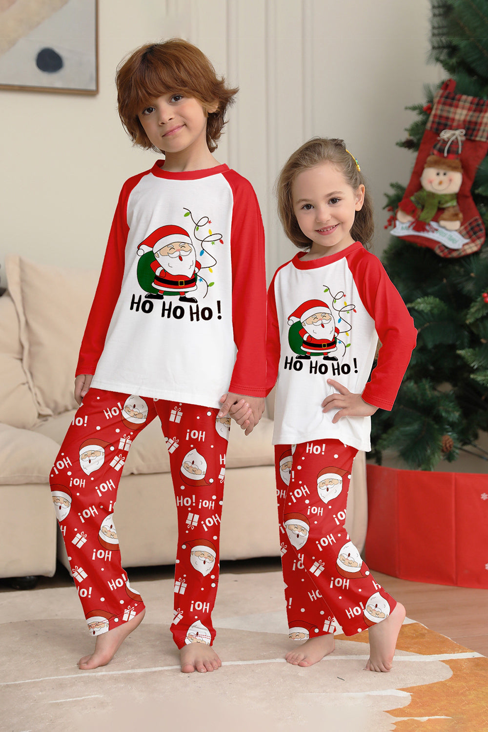 Red Santa Printed Round Neck Christmas Family Matching Pajamas