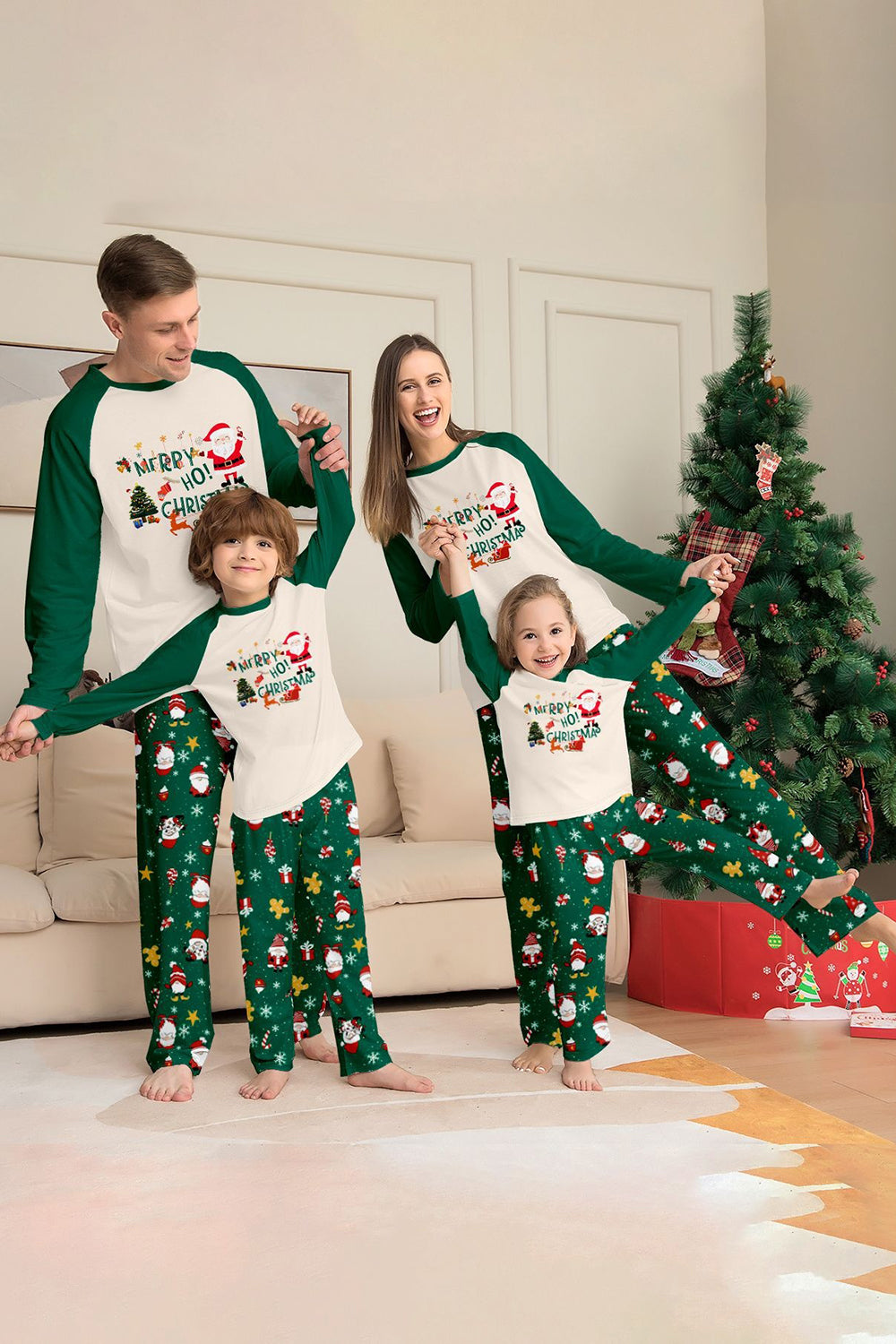 Dark Green Christmas Printed Santa Family Matching Pajamas