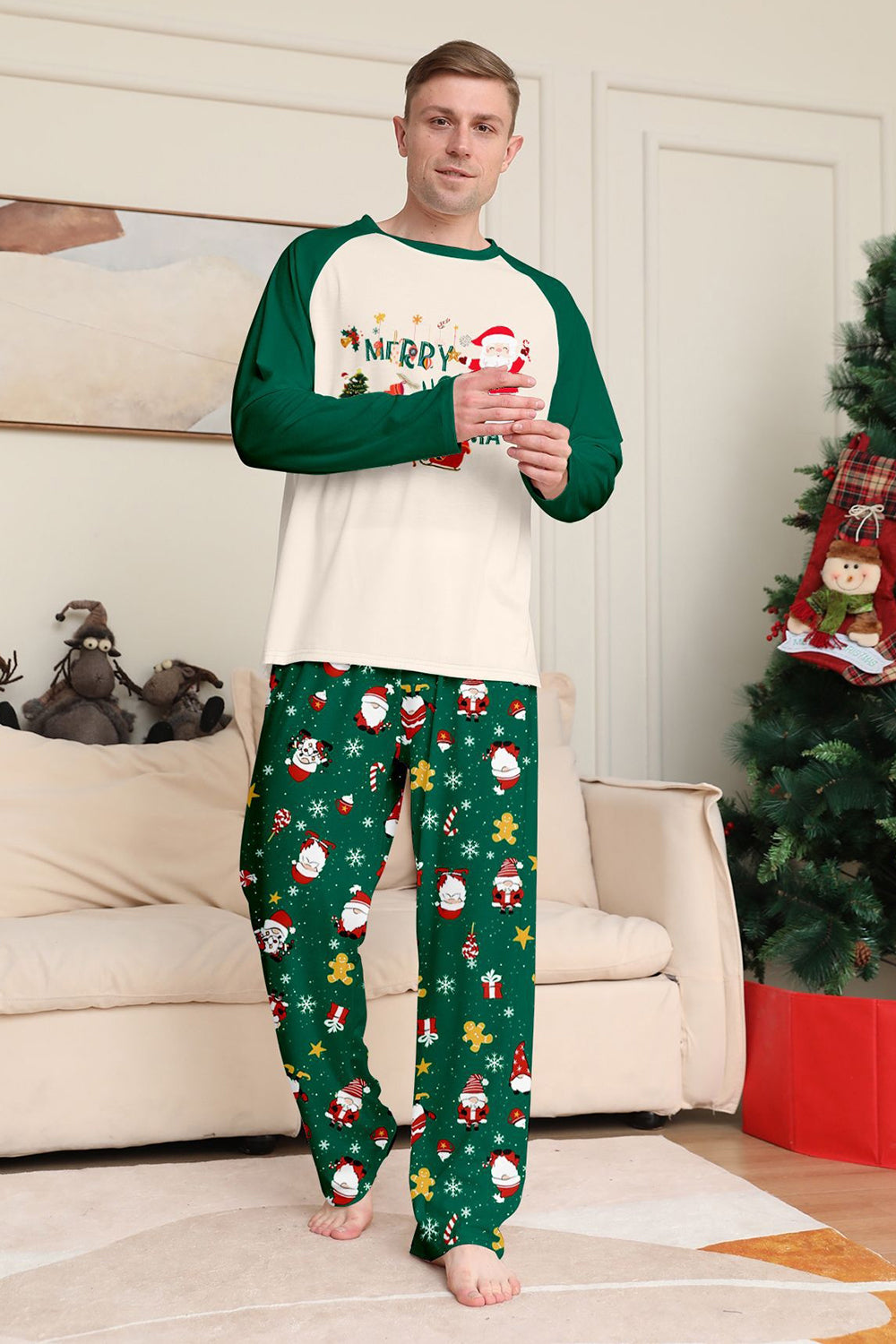 Dark Green Christmas Printed Santa Family Matching Pajamas