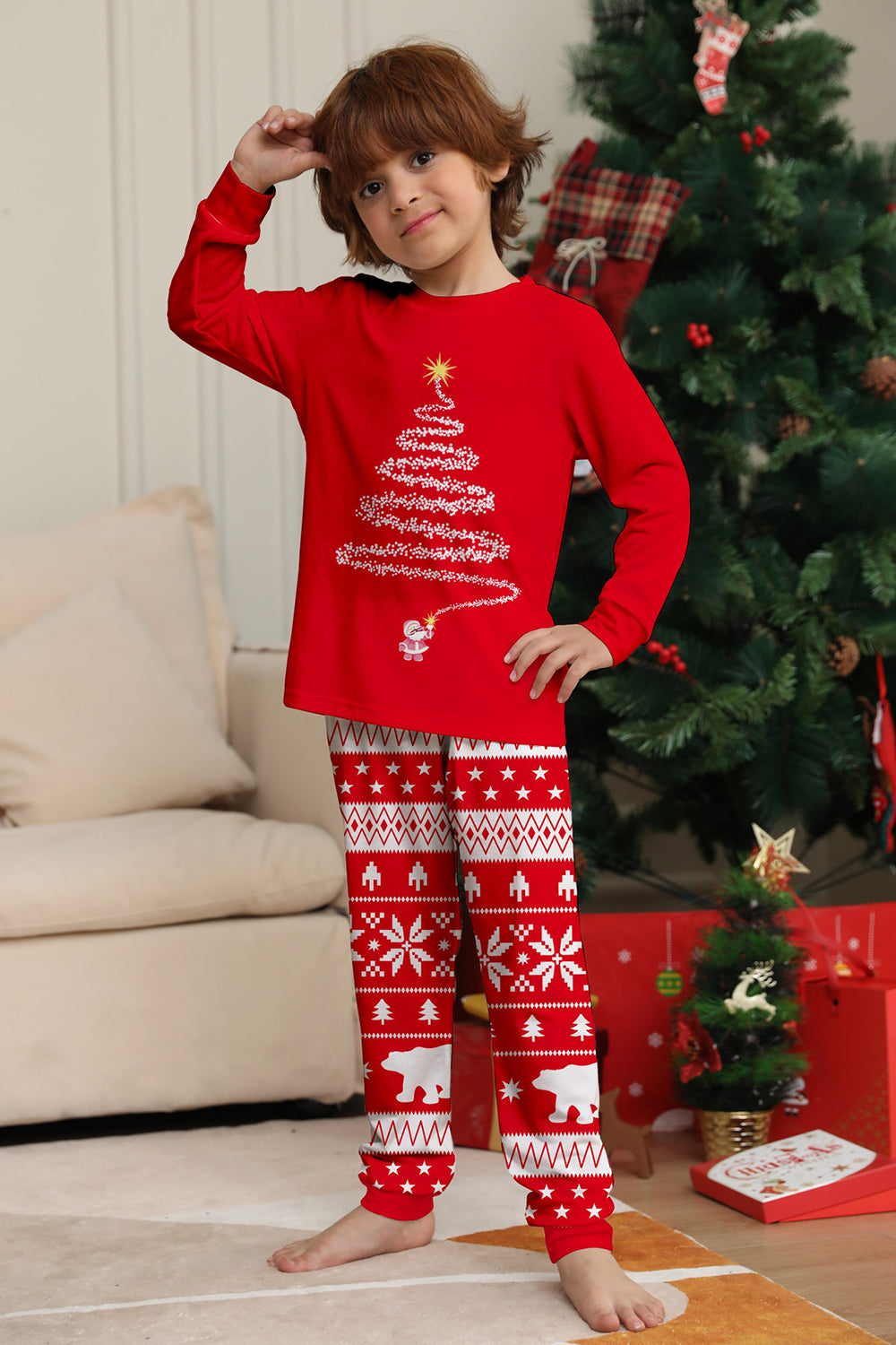 Red Tree Printed Long Sleeves Christmas Family Matching Pajamas