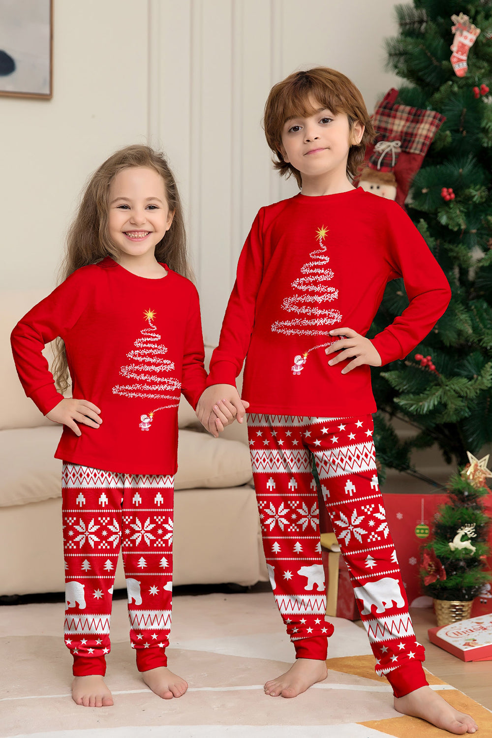 Red Tree Printed Long Sleeves Christmas Family Matching Pajamas