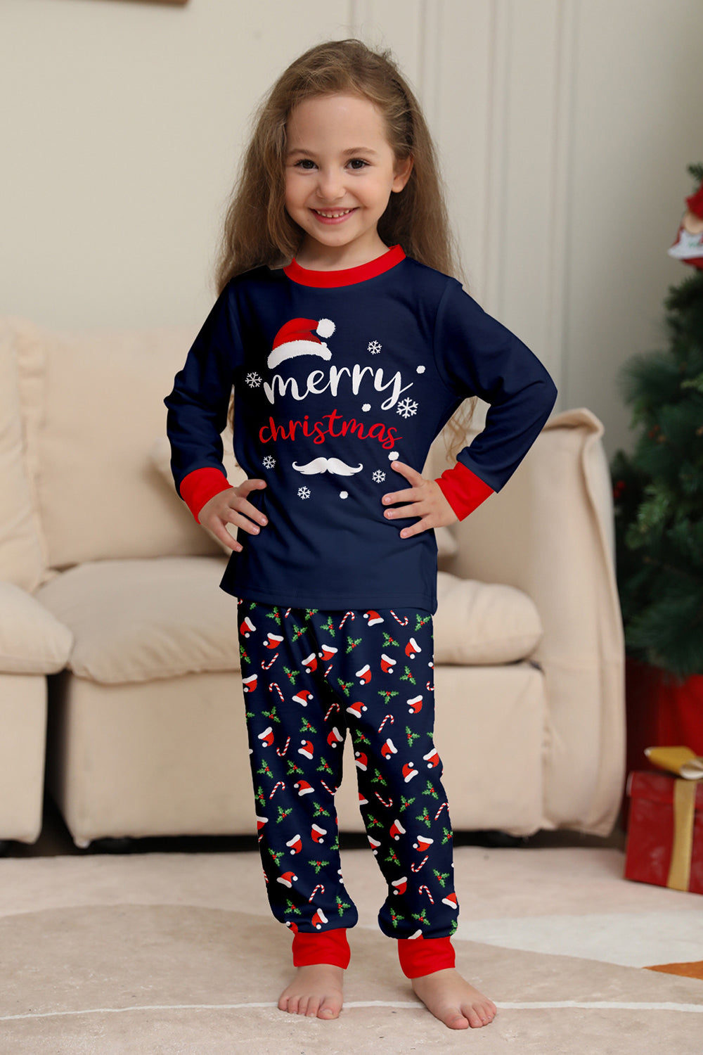 Navy Merry Christmas Printed Family Matching Pajamas