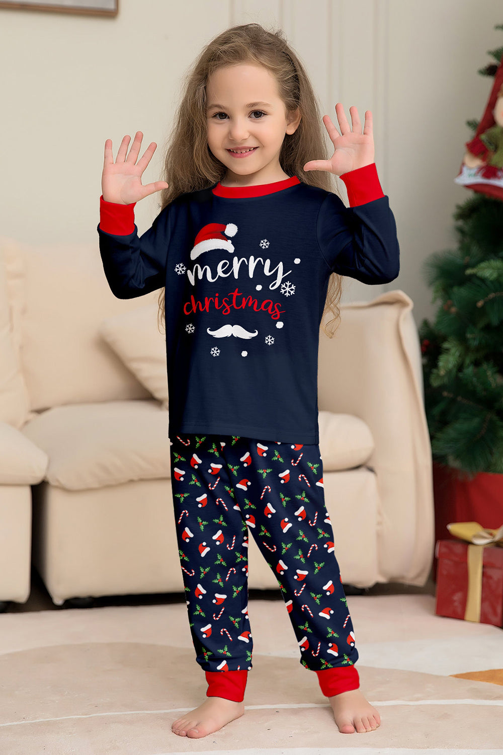 Navy Merry Christmas Printed Family Matching Pajamas