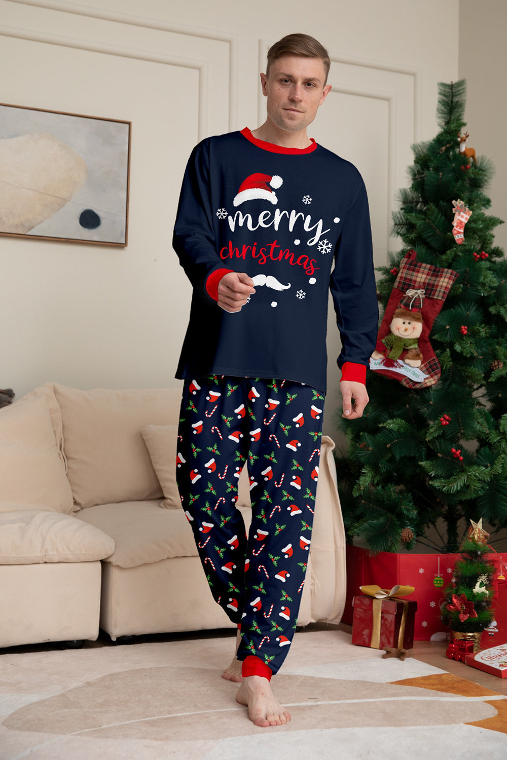 Navy Merry Christmas Printed Family Matching Pajamas