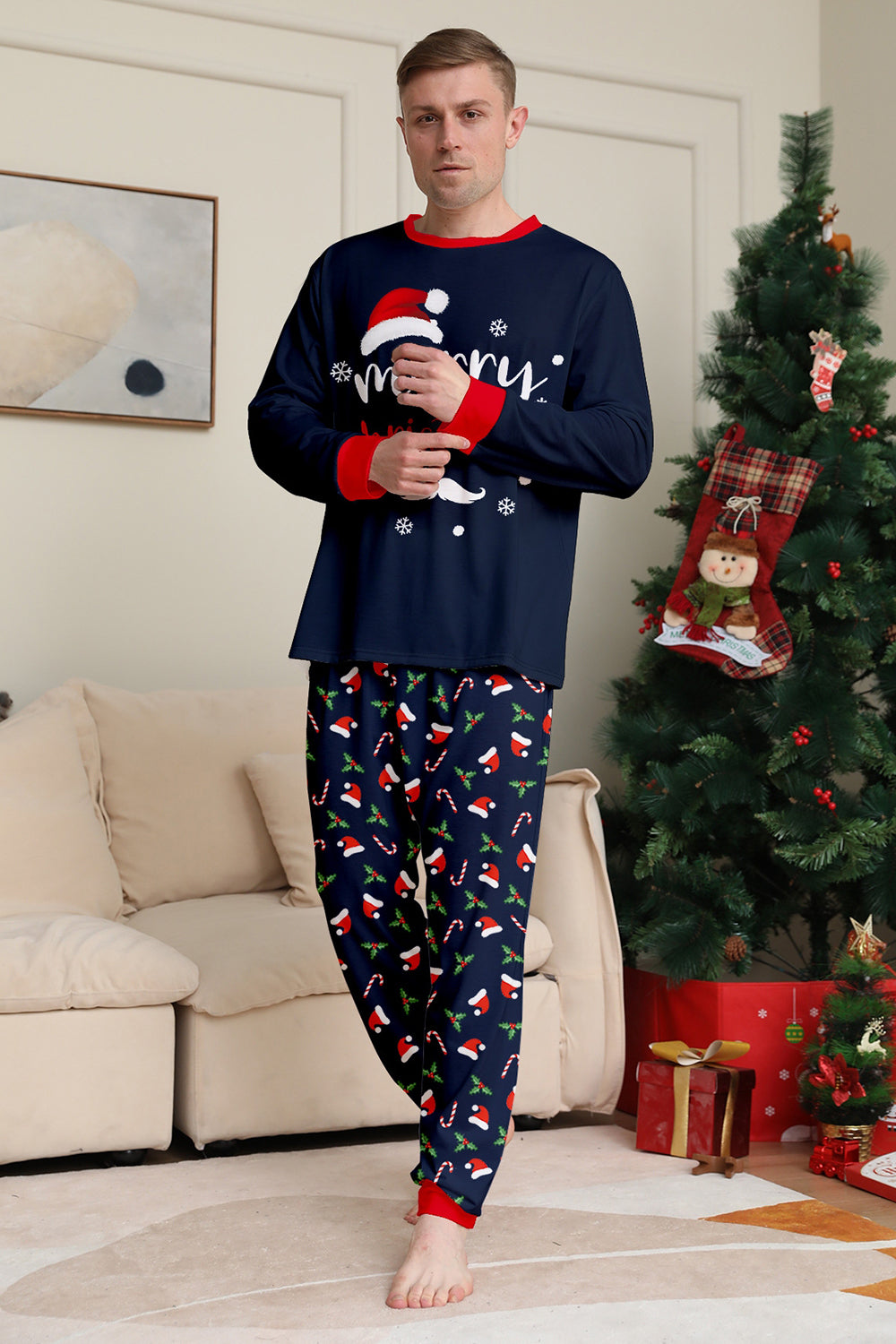Navy Merry Christmas Printed Family Matching Pajamas