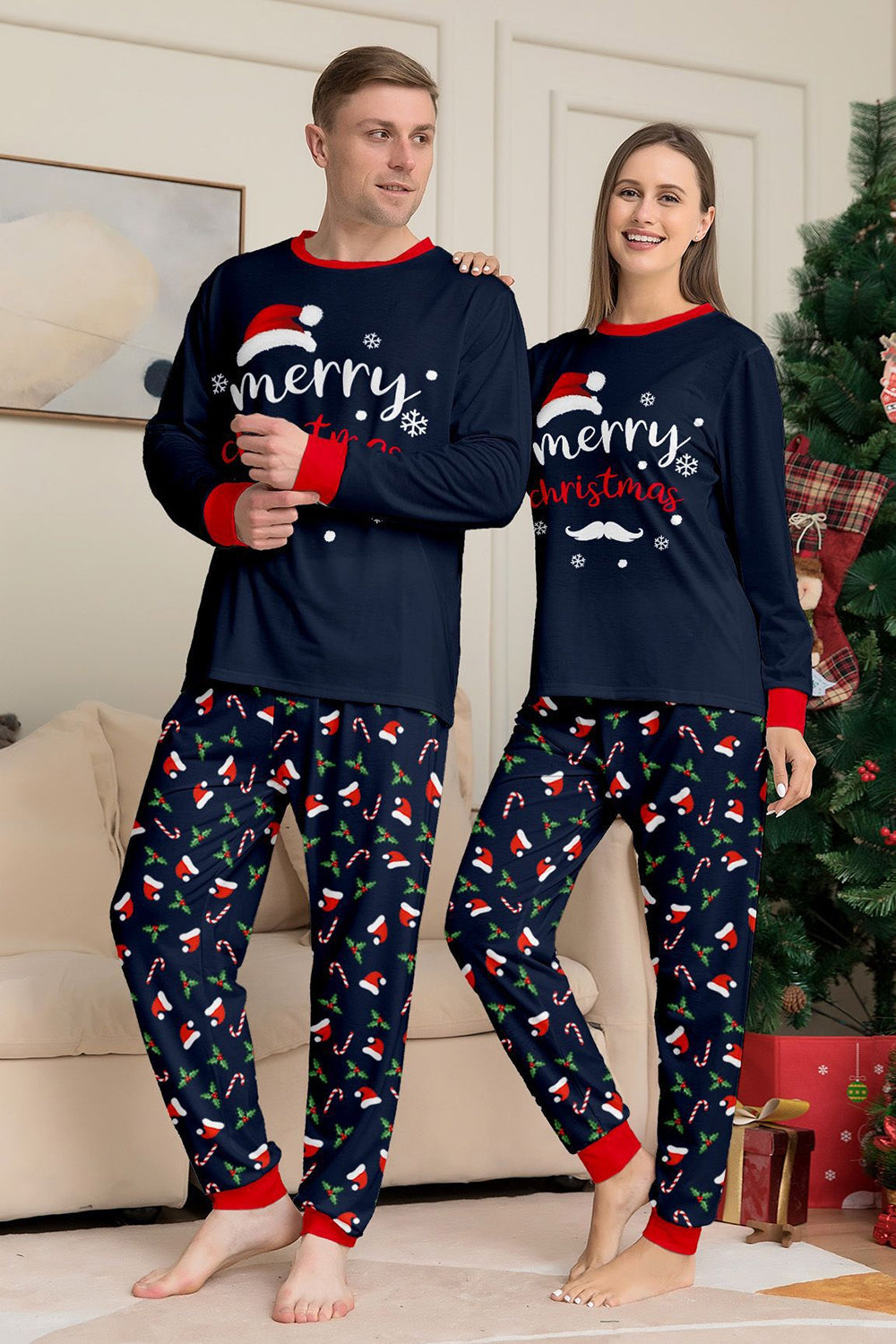 Navy Merry Christmas Printed Family Matching Pajamas