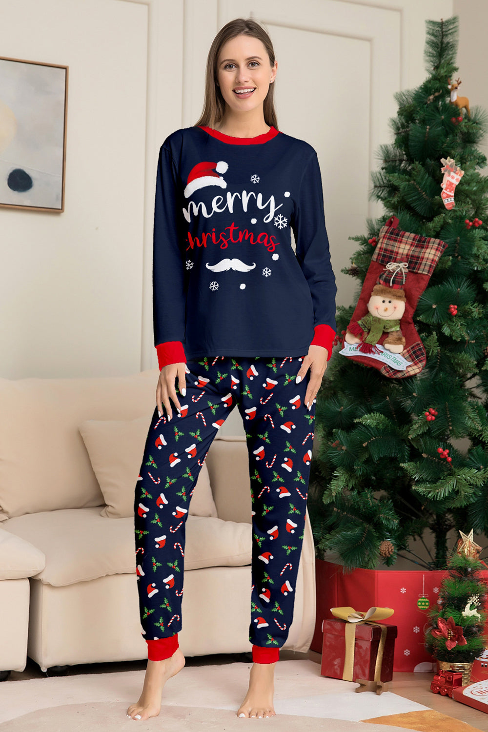Navy Merry Christmas Printed Family Matching Pajamas