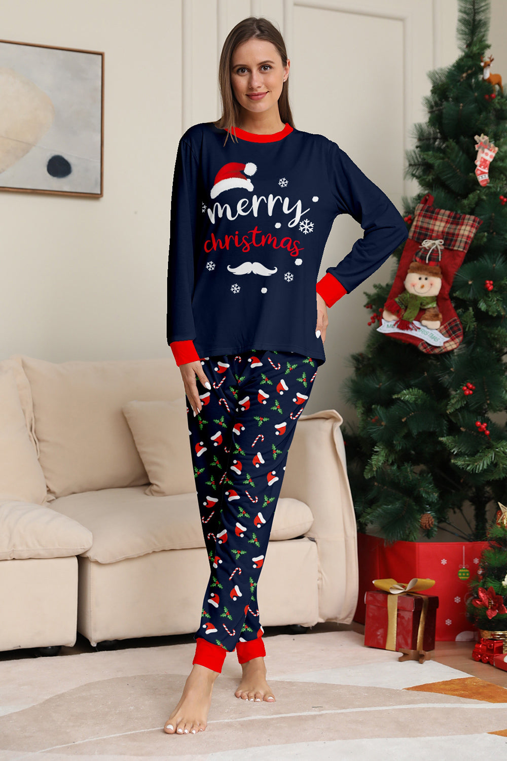 Navy Merry Christmas Printed Family Matching Pajamas