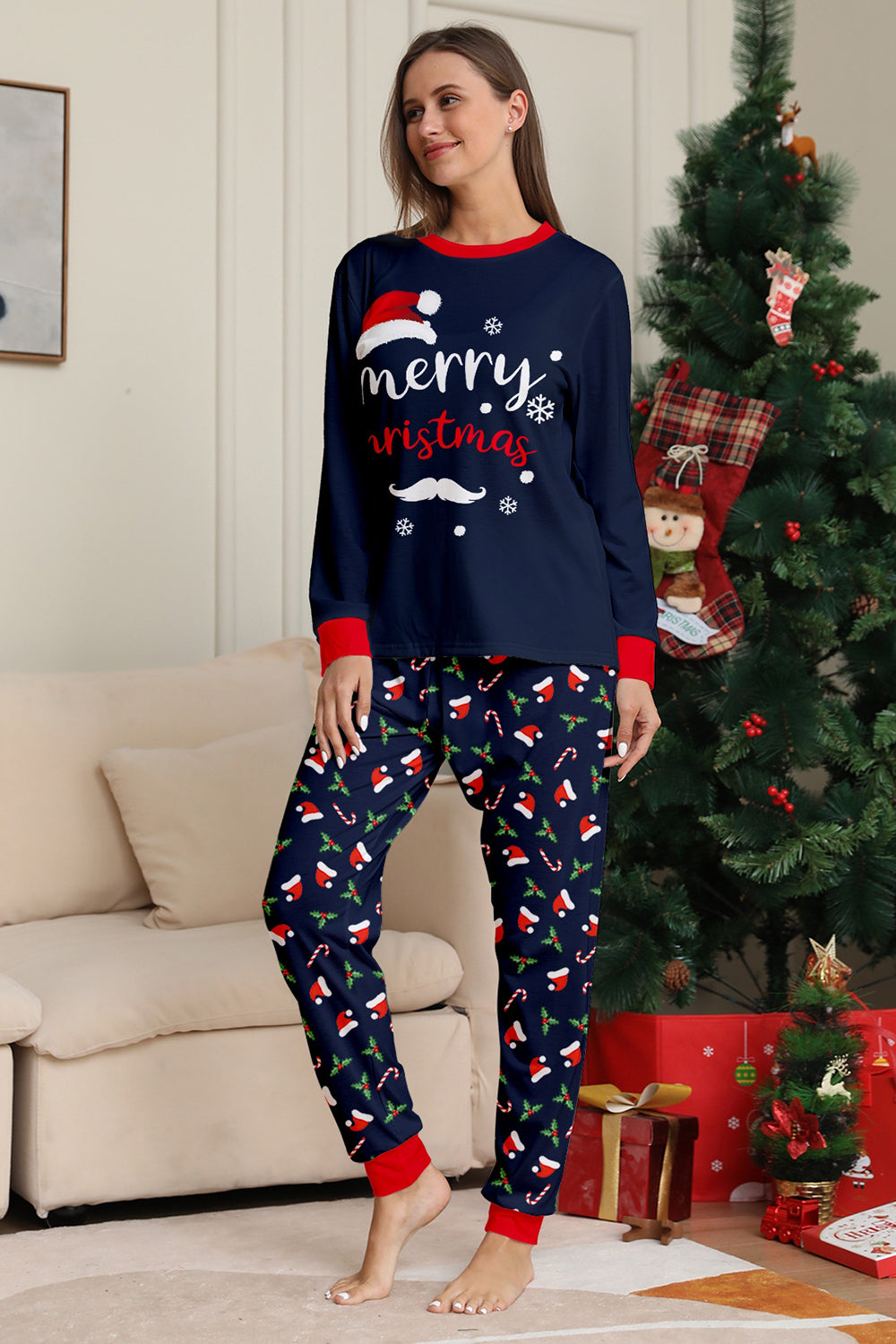 Navy Merry Christmas Printed Family Matching Pajamas