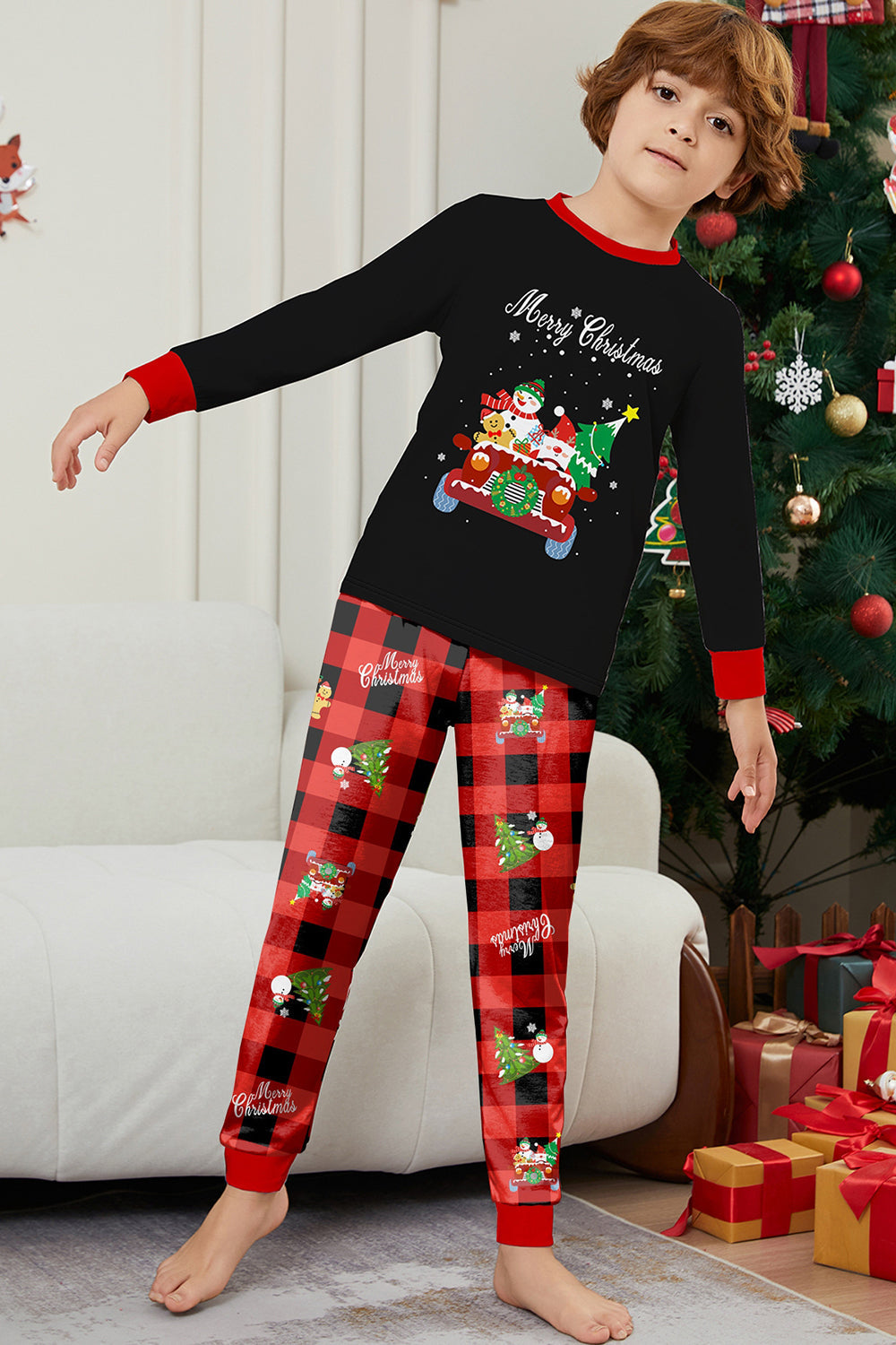 Black Red Christmas Pattern Printed Plaid Family Matching Pajamas