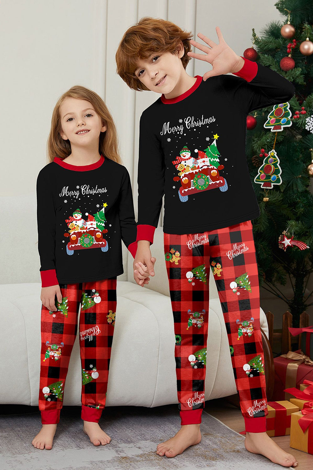 Black Red Christmas Pattern Printed Plaid Family Matching Pajamas