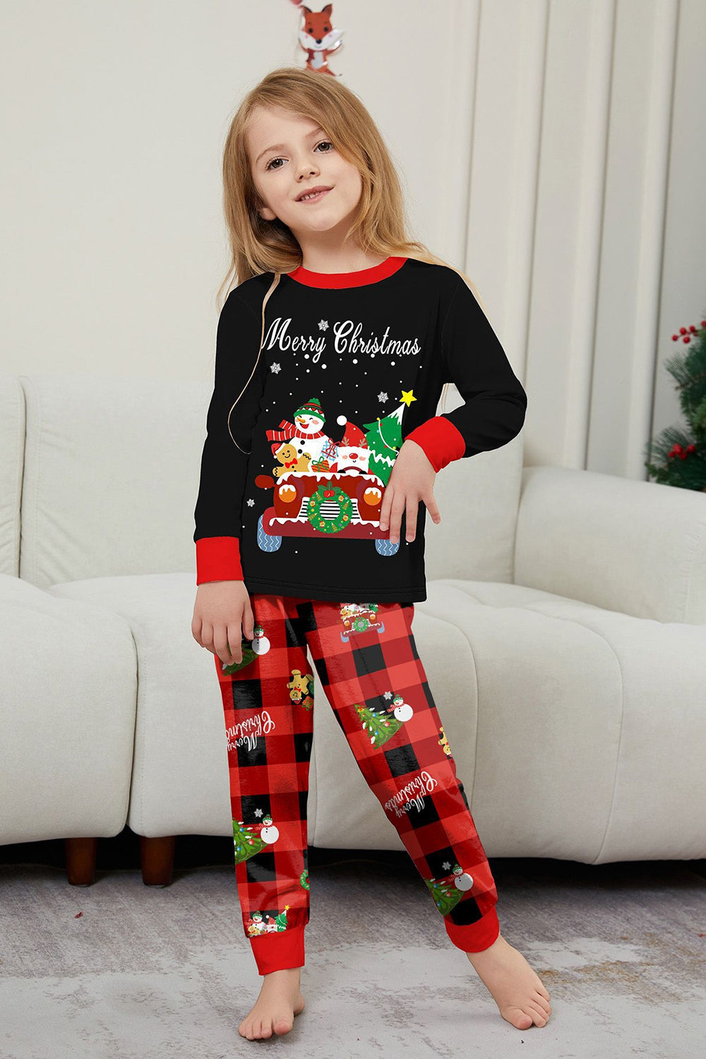 Black Red Christmas Pattern Printed Plaid Family Matching Pajamas