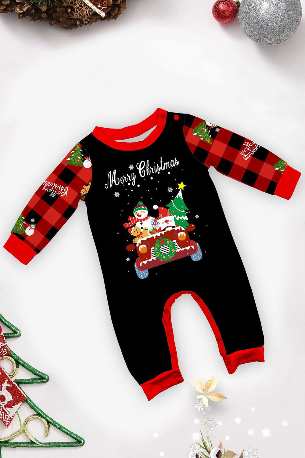 Black Red Christmas Pattern Printed Plaid Family Matching Pajamas
