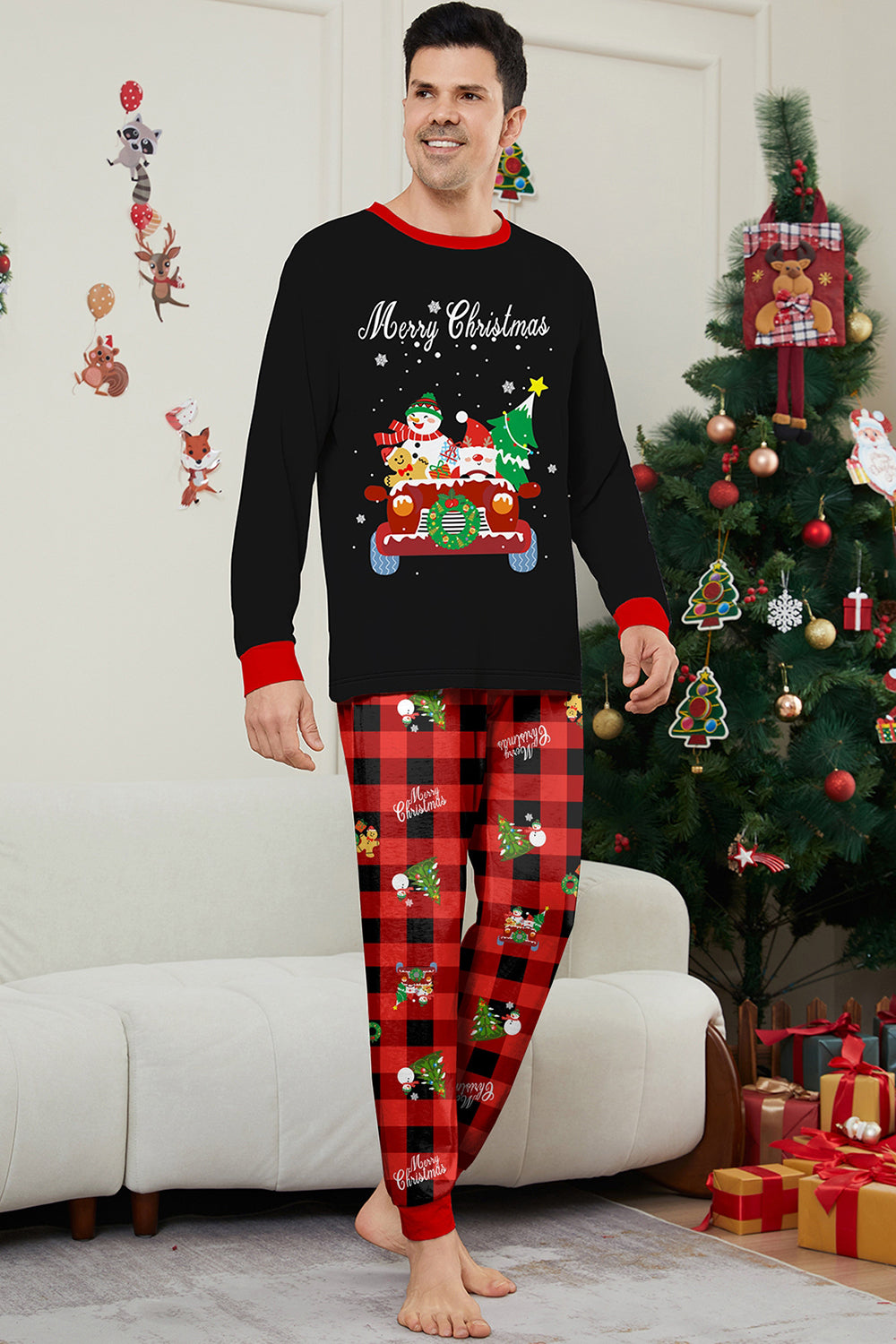 Black Red Christmas Pattern Printed Plaid Family Matching Pajamas