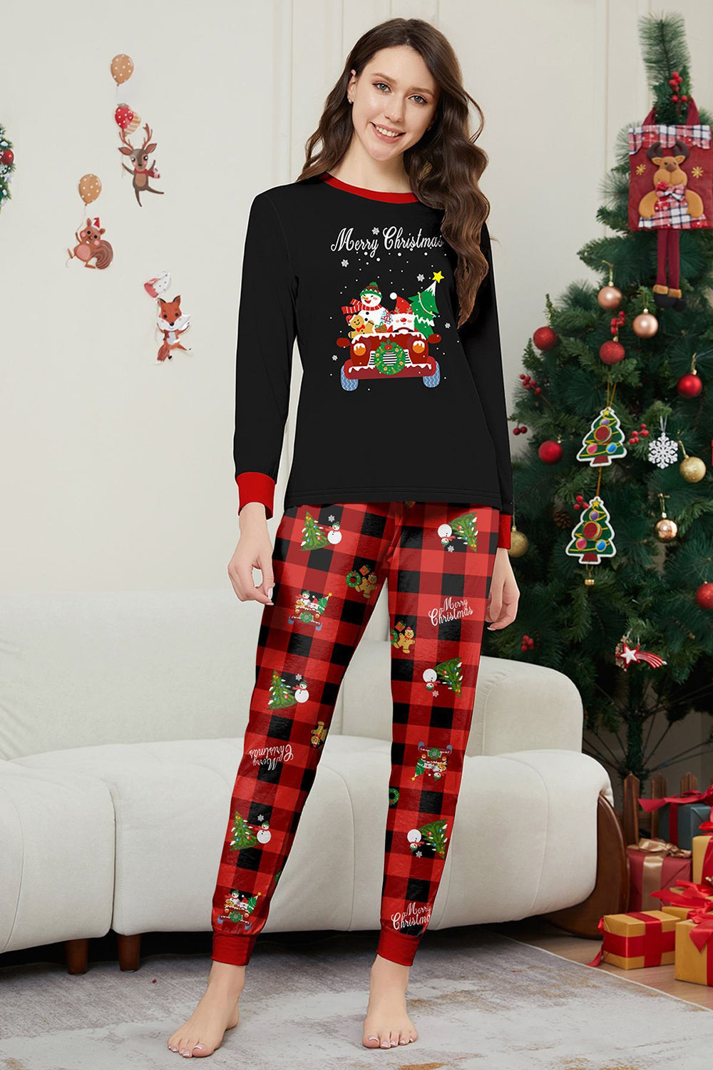Black Red Christmas Pattern Printed Plaid Family Matching Pajamas