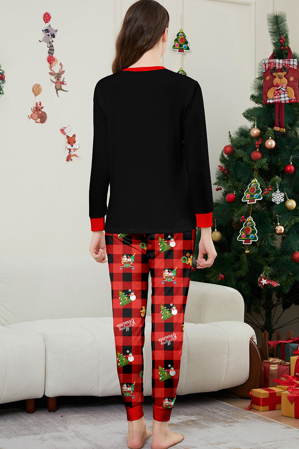 Black Red Christmas Pattern Printed Plaid Family Matching Pajamas