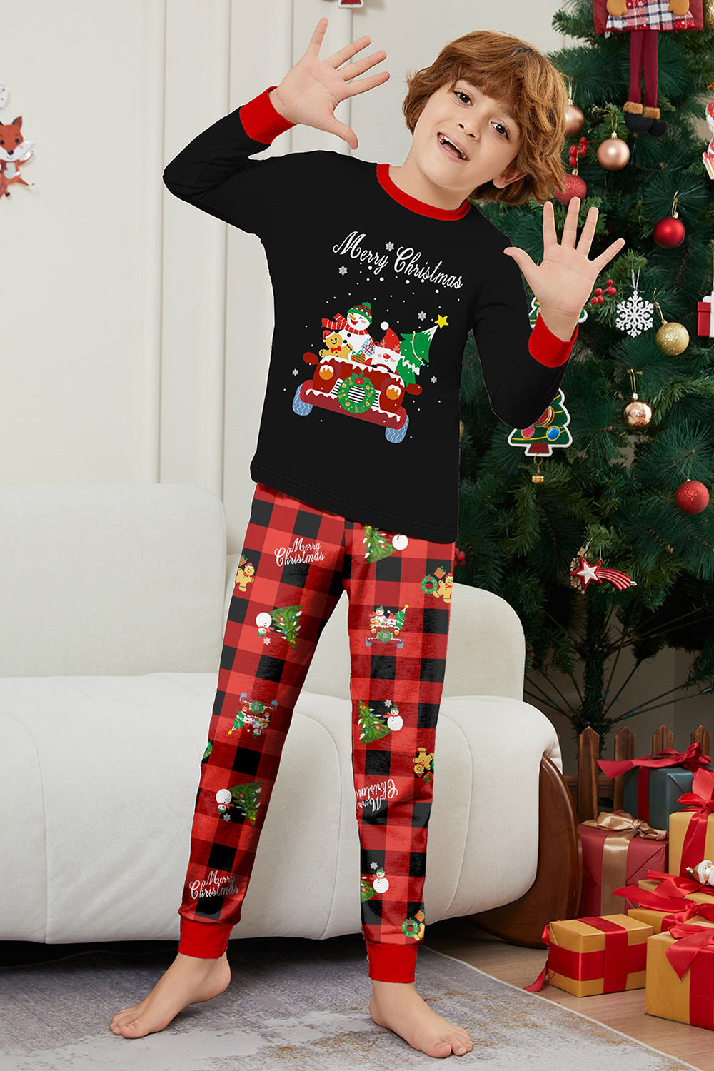 Black Red Christmas Pattern Printed Plaid Family Matching Pajamas