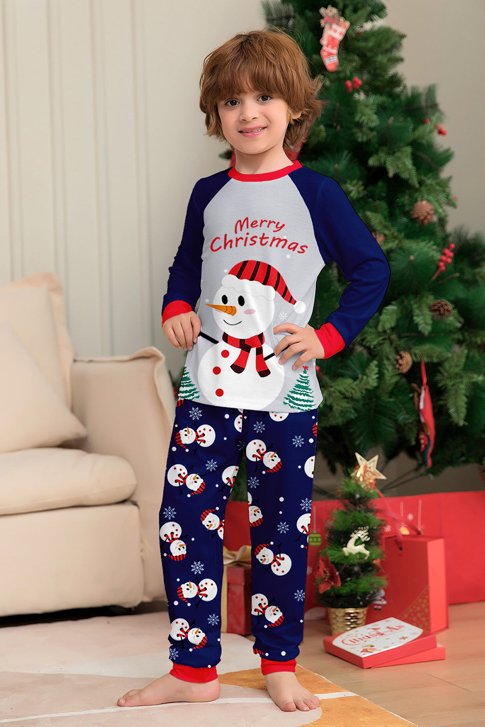 Grey Blue Snowman Printed Christmas Family Matching Pajamas