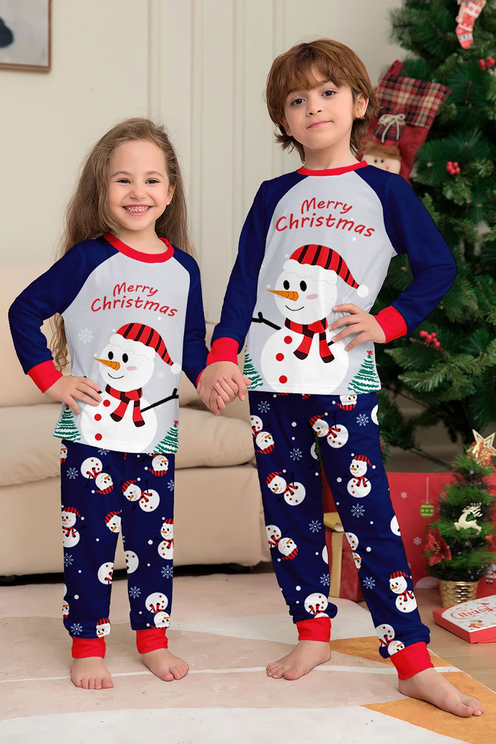 Grey Blue Snowman Printed Christmas Family Matching Pajamas