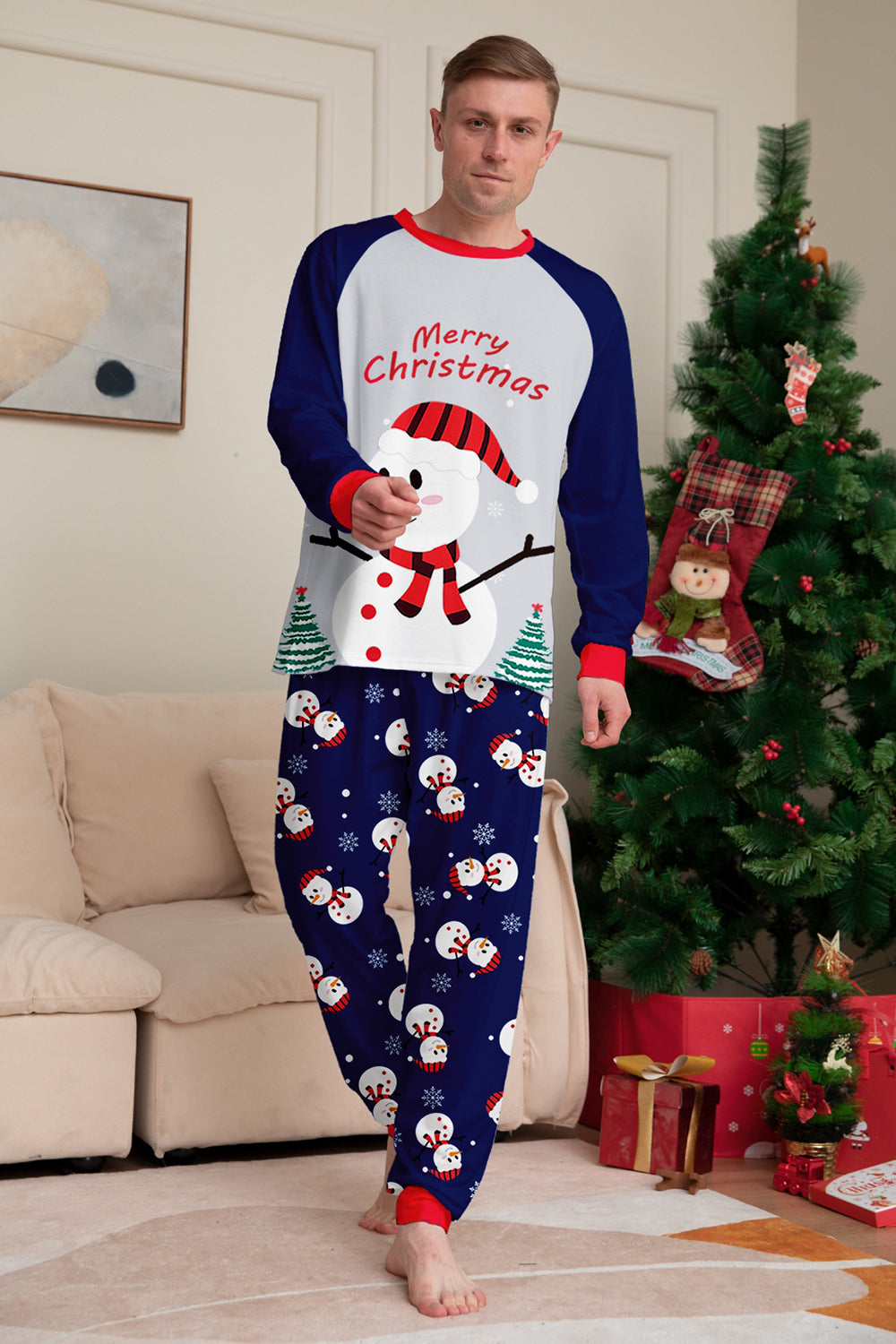 Grey Blue Snowman Printed Christmas Family Matching Pajamas