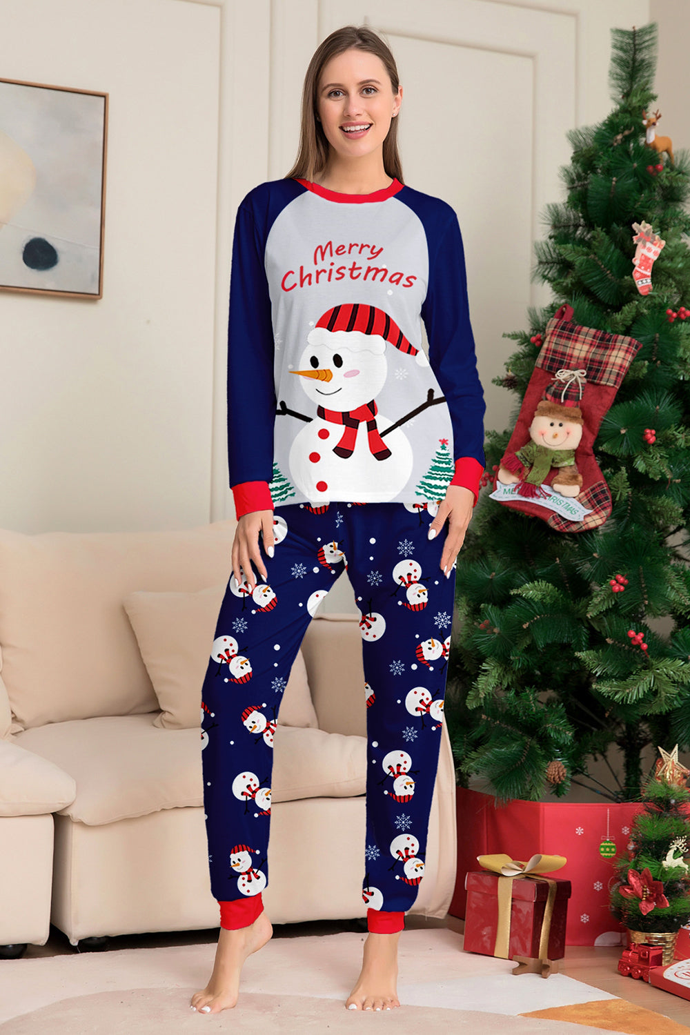 Grey Blue Snowman Printed Christmas Family Matching Pajamas