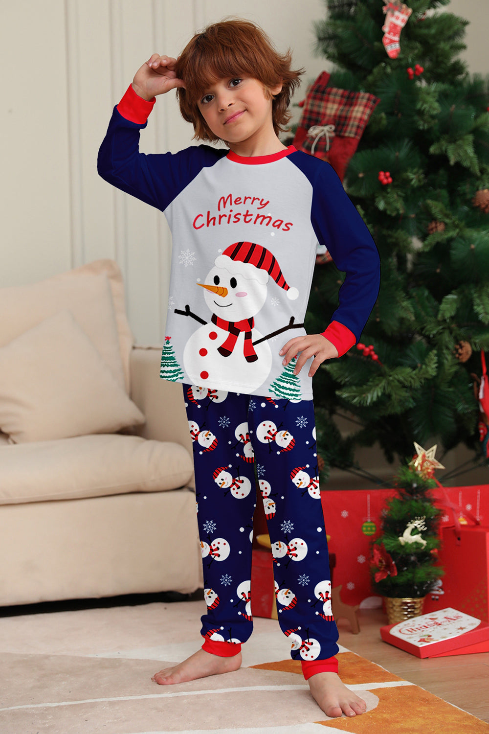 Grey Blue Snowman Printed Christmas Family Matching Pajamas