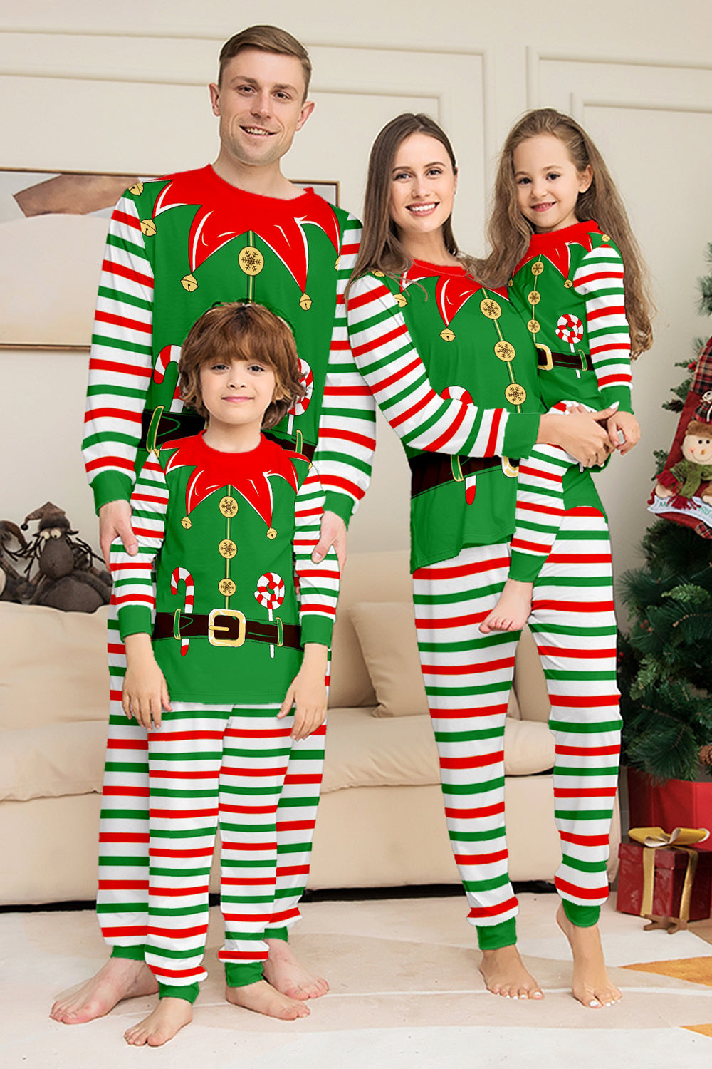 Green Horizontal Stripe Printed Christmas Family Matching Pajamas