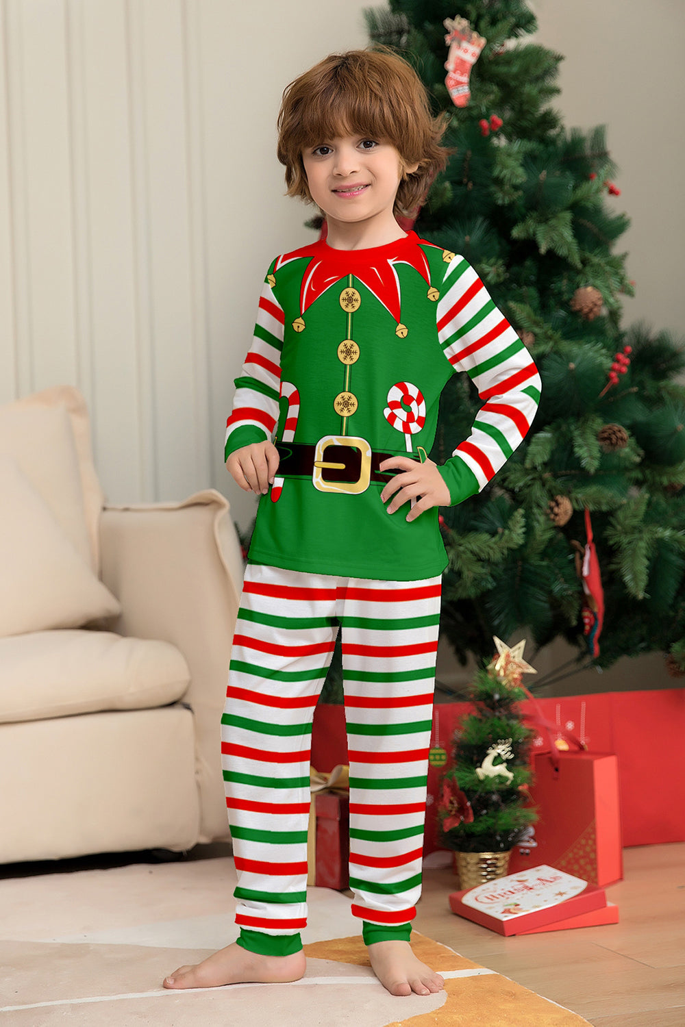 Green Horizontal Stripe Printed Christmas Family Matching Pajamas