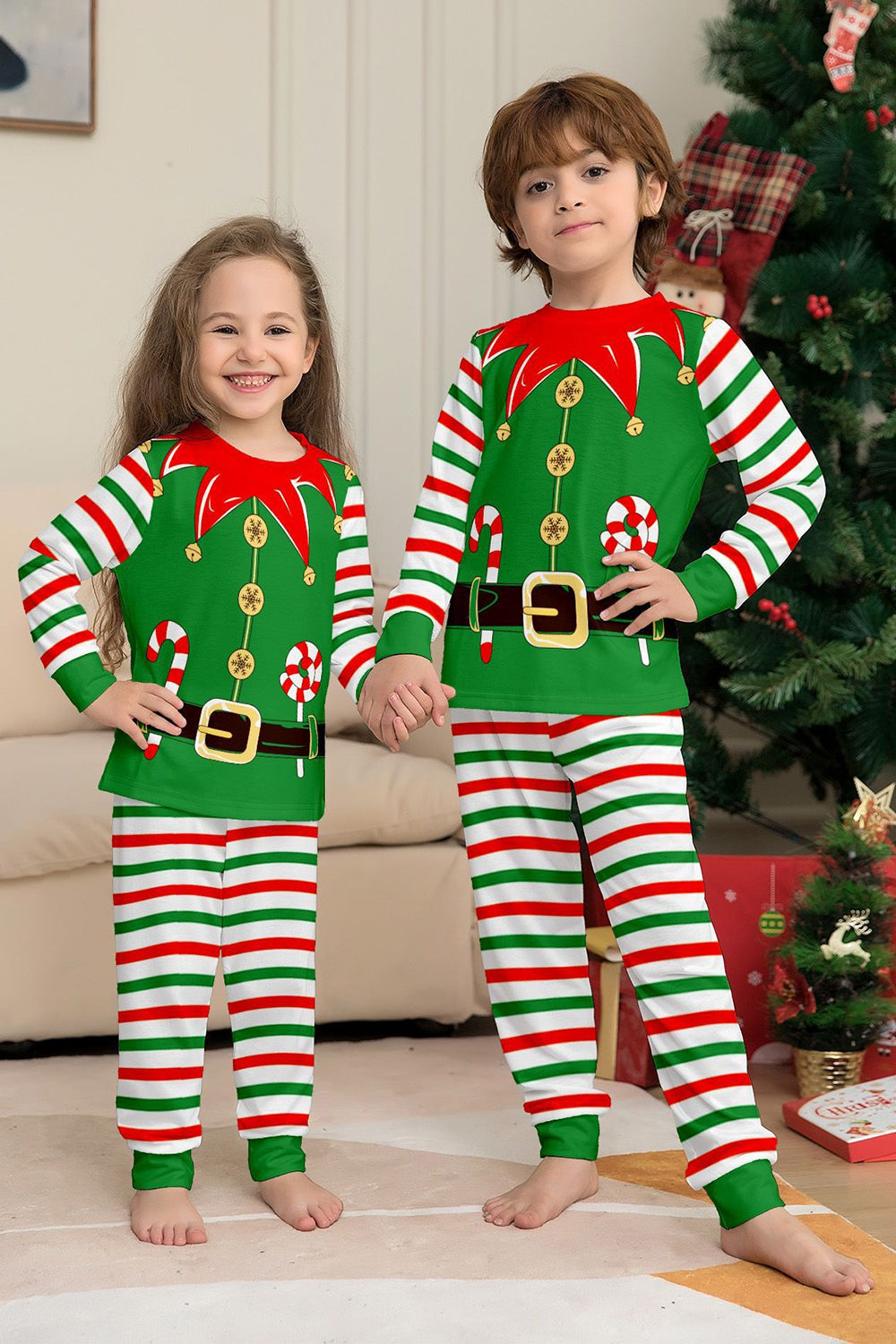 Green Horizontal Stripe Printed Christmas Family Matching Pajamas