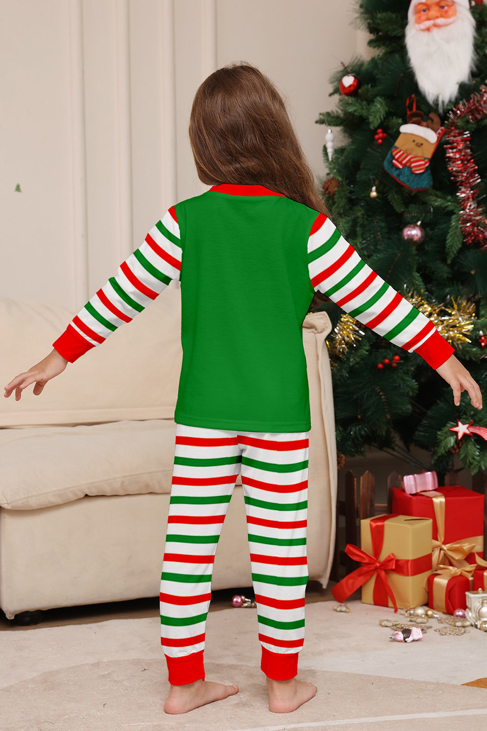 Green Horizontal Stripe Printed Christmas Family Matching Pajamas
