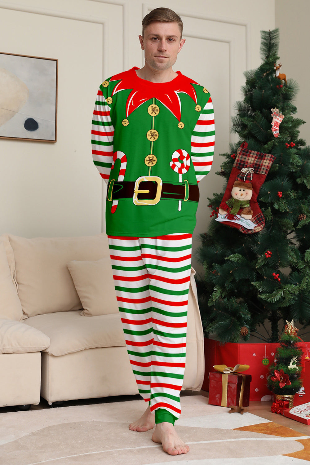 Green Horizontal Stripe Printed Christmas Family Matching Pajamas