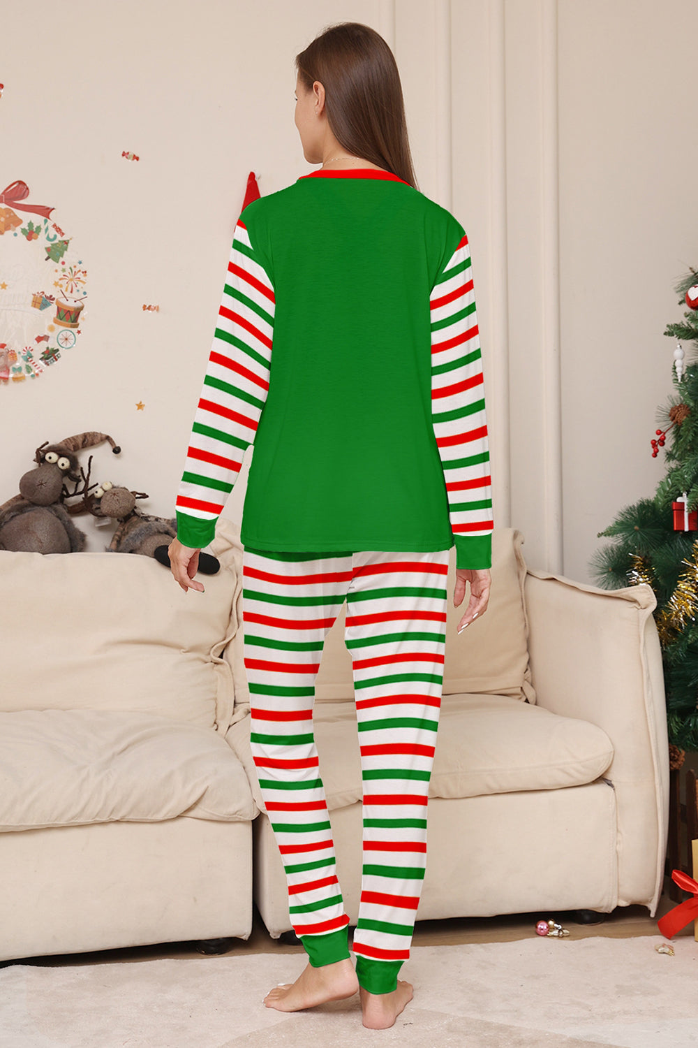 Green Horizontal Stripe Printed Christmas Family Matching Pajamas