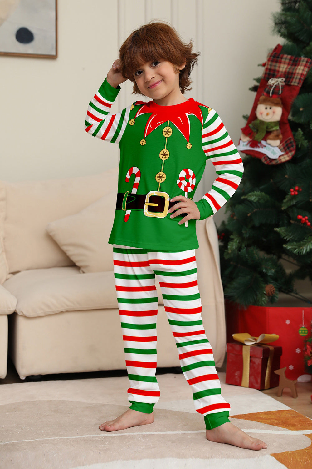 Green Horizontal Stripe Printed Christmas Family Matching Pajamas