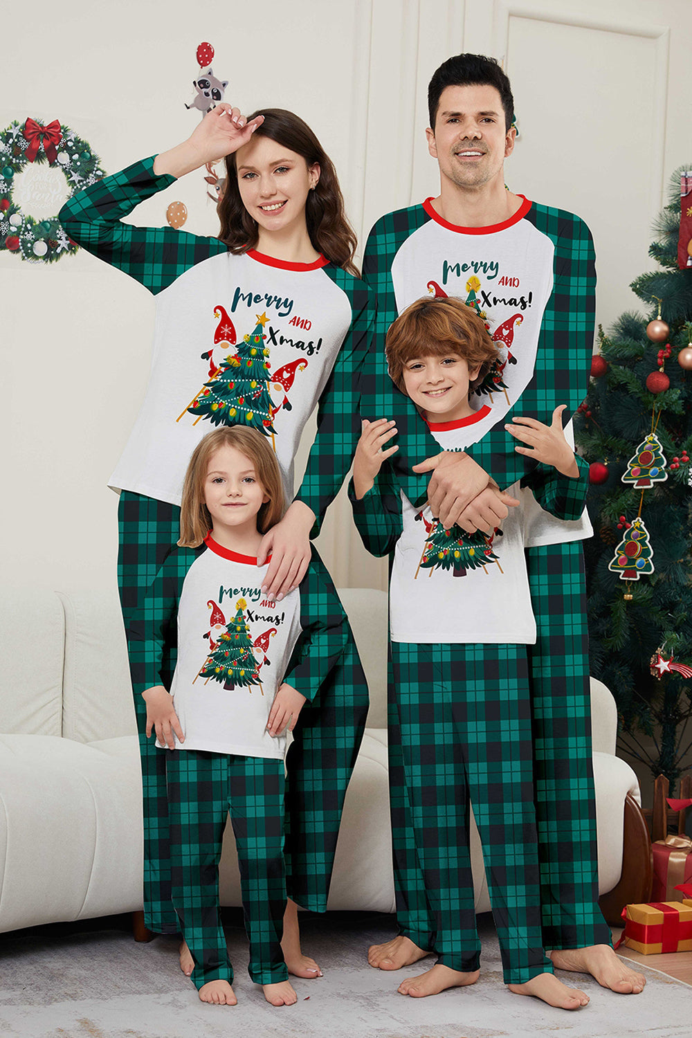 Green Plaid Christmas Tree Pattern Printed Family Matching Pajamas