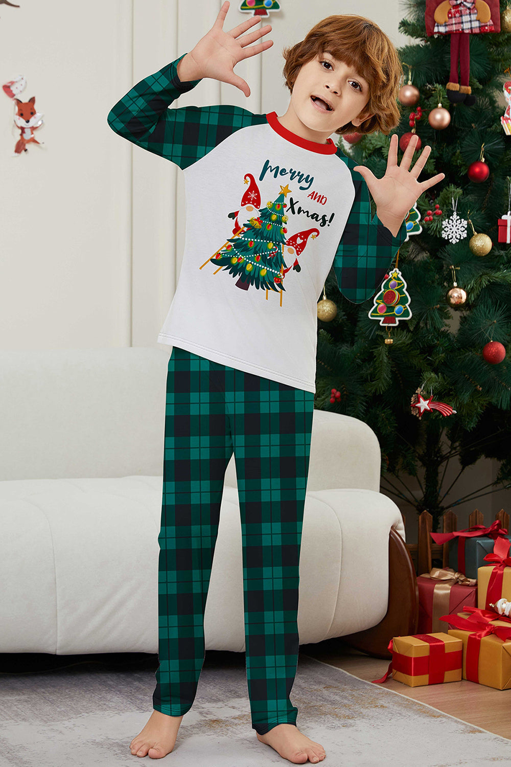 Green Plaid Christmas Tree Pattern Printed Family Matching Pajamas