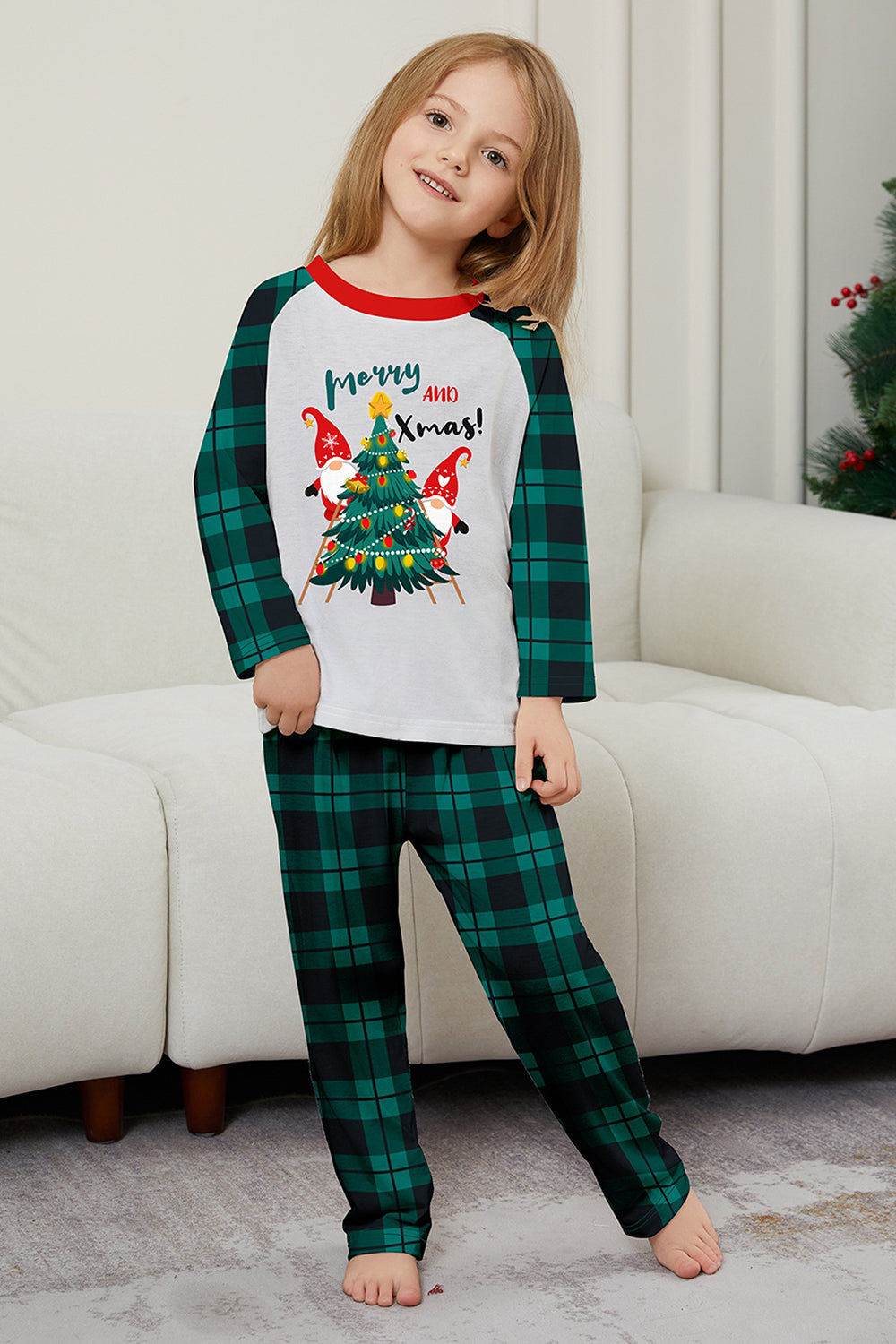 Green Plaid Christmas Tree Pattern Printed Family Matching Pajamas