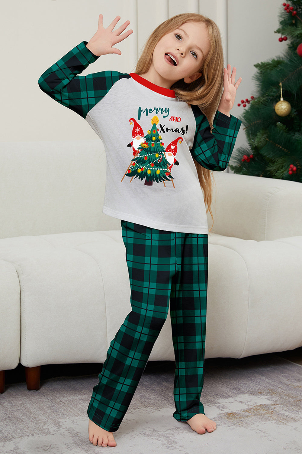 Green Plaid Christmas Tree Pattern Printed Family Matching Pajamas